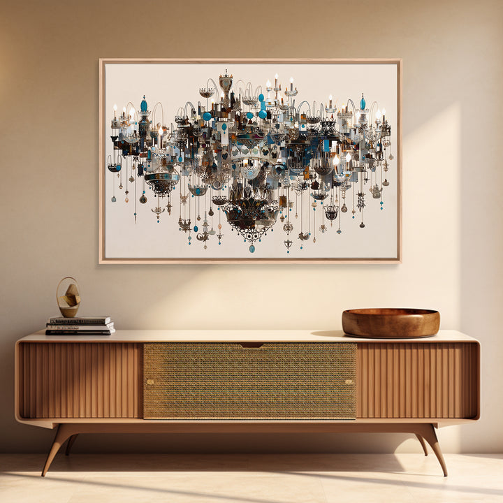 Ornate Blue Jewel Chandelier Framed Canvas Print, Luxury Lighting Wall Decor, Elegant Home Decor, Maximalist Statement Art
