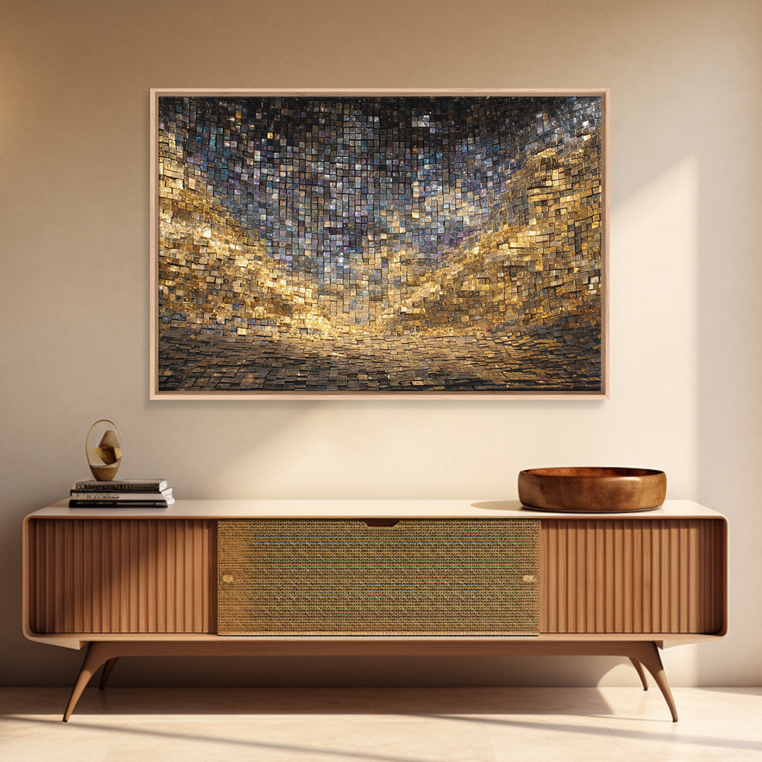 Golden Mosaic Tile Abstract Wall Art, Blue Gold Geometric Canvas Decor, Luxury Textured Art Print, Modern Statement Wall Decor