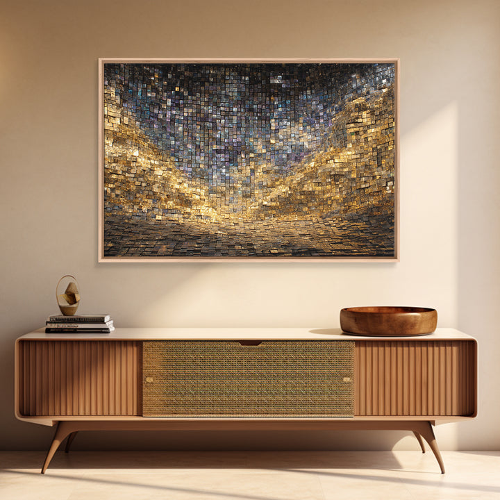 Golden Mosaic Tile Abstract Wall Art, Blue Gold Geometric Canvas Decor, Luxury Textured Art Print, Modern Statement Wall Decor