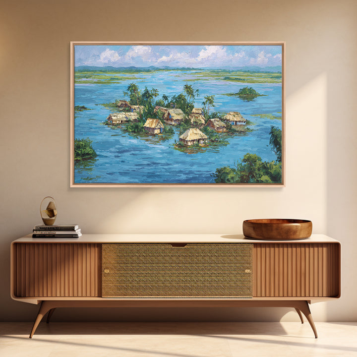 Tropical Island Village Canvas Print, Blue Water Palm Hut Landscape, Africa Inspired Coastal Wall Art, Nature Decor Gift