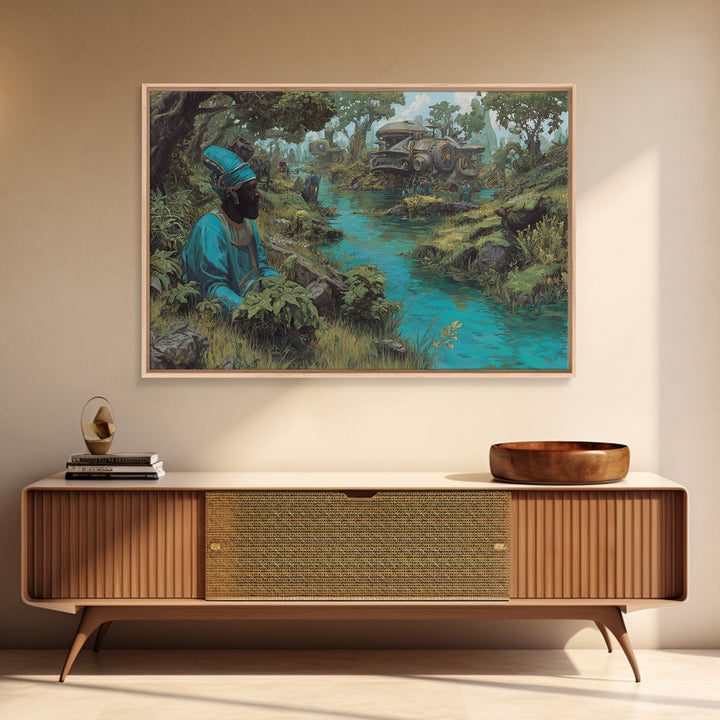 Blue Robed African Man By Jungle River Wall Art, Steampunk Train Landscape, Afrocentric Decor, Modern African Art Print Gift