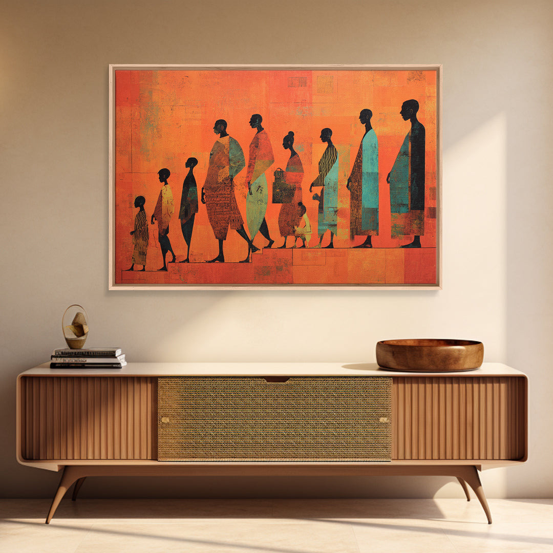 African Family Silhouette Wall Art, Orange Abstract Canvas Print, Ancestral Journey Decor, Black Culture Home Decor Gift