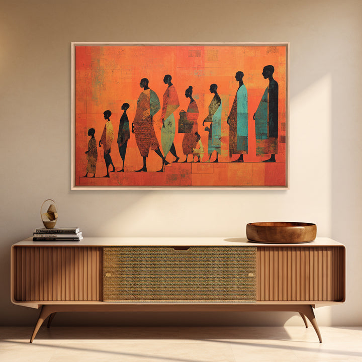 African Family Silhouette Wall Art, Orange Abstract Canvas Print, Ancestral Journey Decor, Black Culture Home Decor Gift
