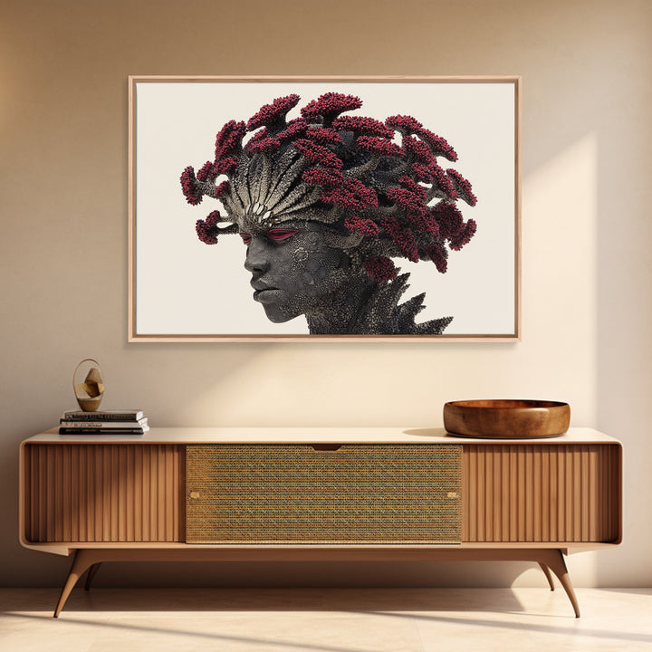 Afrofuturist Woman Portrait Wall Art, Red Coral Hair Canvas Print, Black Goddess Decor, Bold African Beauty Gift For Her