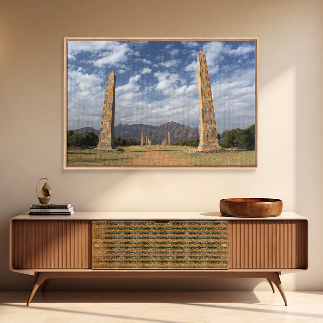 Ancient African Obelisks Wall Art, Monument Landscape Canvas Print, Ethiopia Inspired Travel Decor, Cultural Home Art Gift