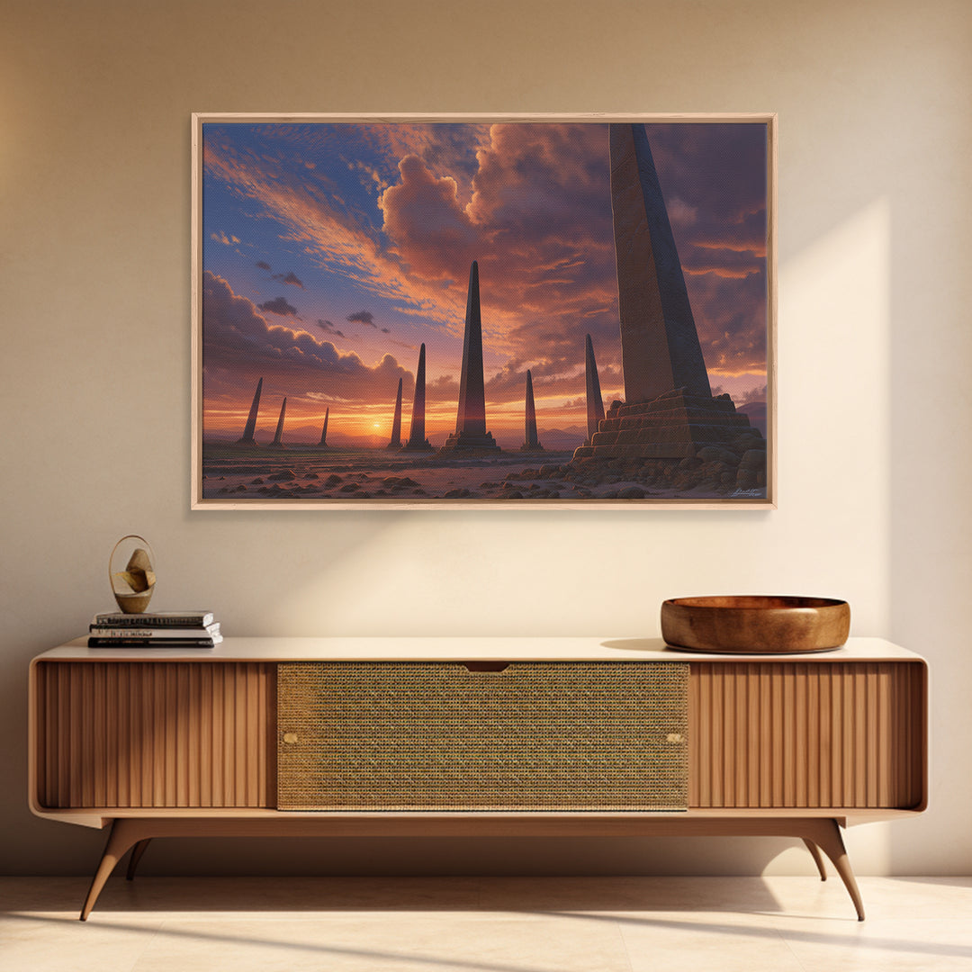 Sunset Desert Obelisks Wall Art, Ancient Monument Canvas Print, African Landscape Decor, Dramatic Travel Home Gallery Gift