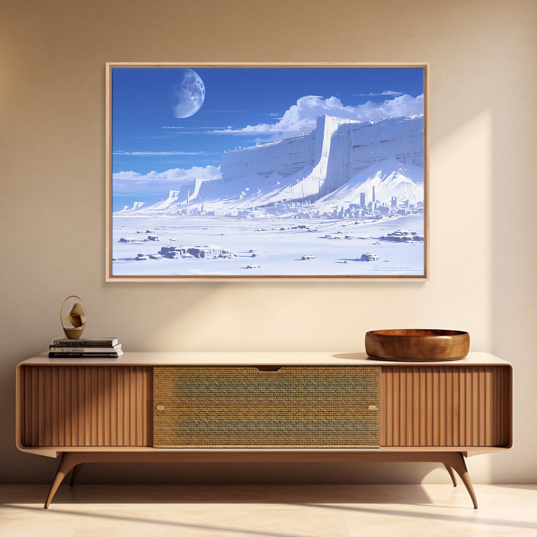 Blue Ice Citadel Moon Landscape Canvas Print, Dreamy Wall Art, Modern Canvas Art, Large Blue Office Decor, Housewarming Gift
