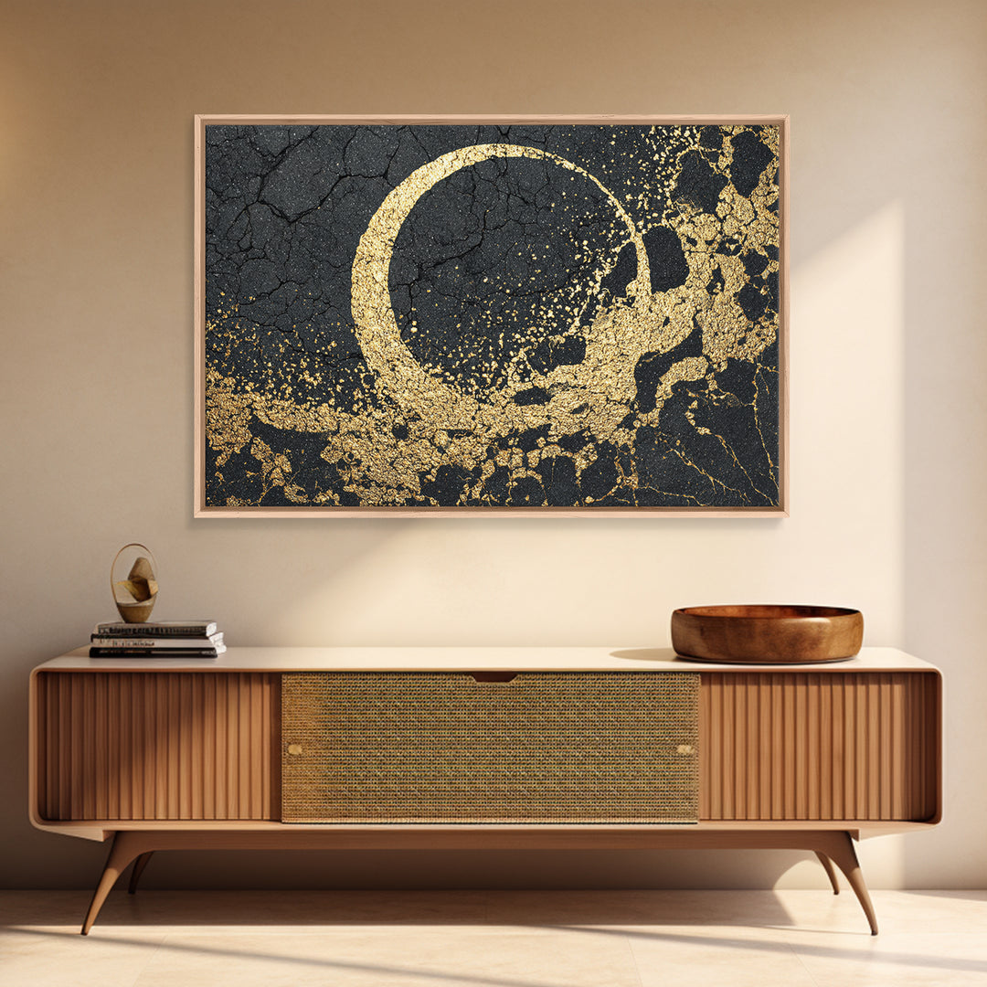 Gold Crescent On Cracked Black Stone Wall Art, Abstract Black Art, Luxury Canvas Art, Spiritual Statement Modern Home Decor Gift