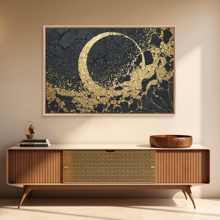 Gold Crescent On Cracked Black Stone Wall Art, Abstract Black Art, Luxury Canvas Art, Spiritual Statement Modern Home Decor Gift
