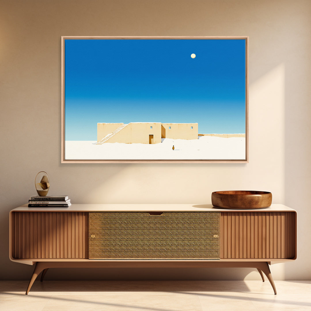 Minimalist Adobe Desert House Canvas Print, Blue Sky Architecture, Beige Wall Art, Modern Southwestern Style Home Decor Gift
