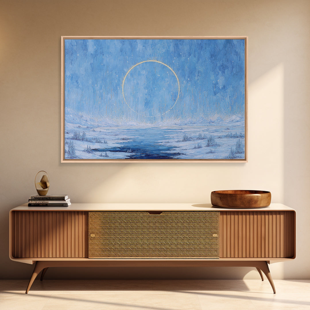 Blue Frozen Lake With Golden Ring Wall Art, Dreamy Landscape, Modern Canvas Art, Textured Blue Home Decor, Spiritual Gift