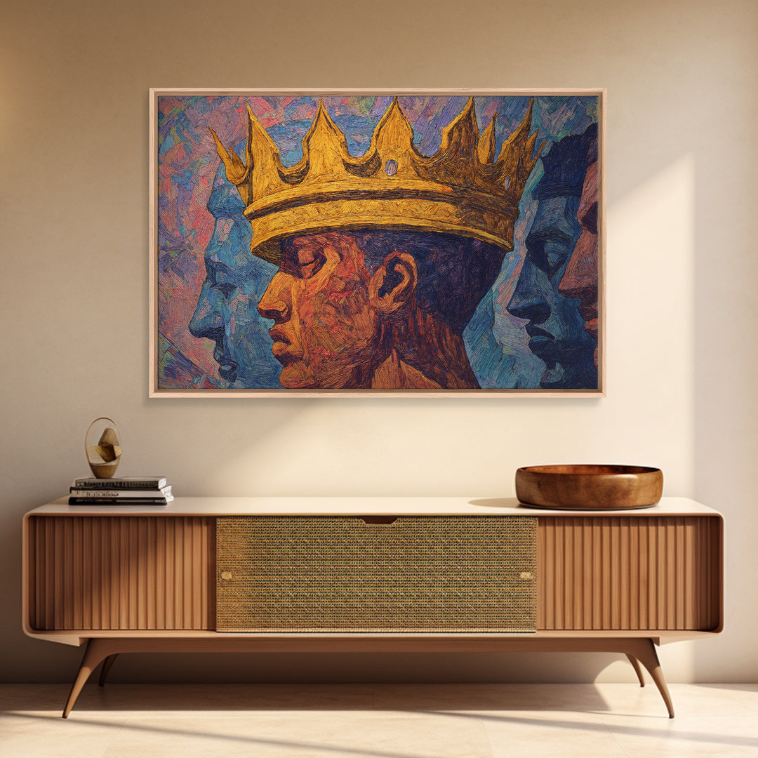 Crowned African King Portrait With Blue Spirit Faces Wall Art, Afrocentric Black History Gift, African American Art Decor