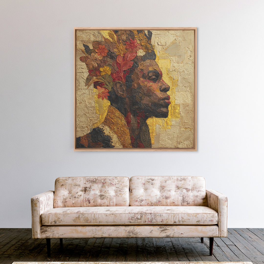 Expressive Portrait with Ornate Floral Background and Canvas Print, African Inspired Art, Fine Art Print, Living Room Decor, AIA-1x1-29