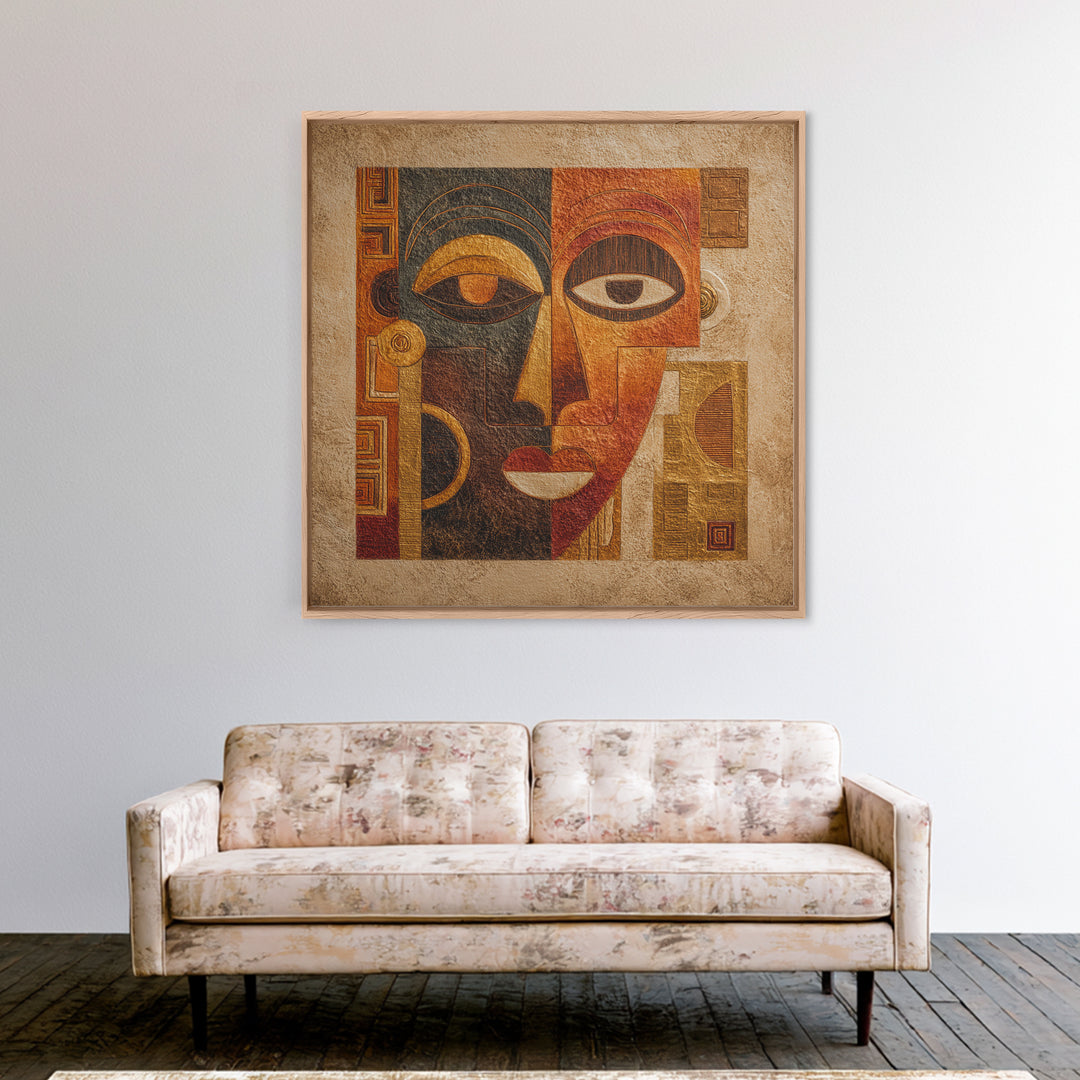 Minimalist African Line Art Faces on Parchment Canvas Print, African Inspired Art, African Wall Art, Living Room Decor, AIA-1x1-34