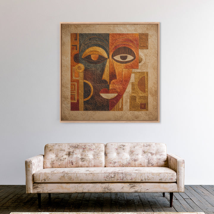 Minimalist African Line Art Faces on Parchment Canvas Print, African Inspired Art, African Wall Art, Living Room Decor, AIA-1x1-34