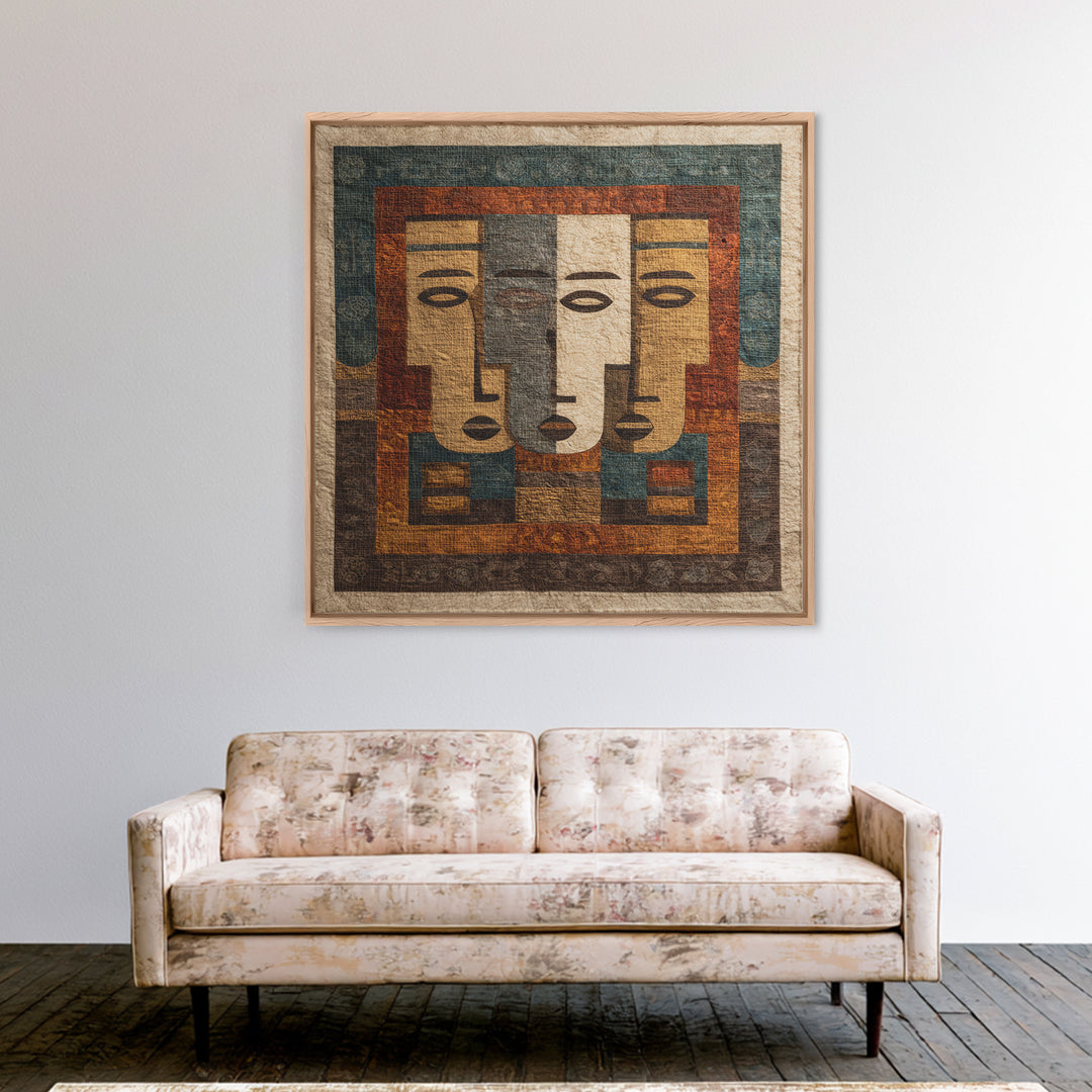 Minimalist African Line Art Faces on Parchment Canvas Print, African Inspired Art, African Wall Art, Living Room Decor, AIA-1x1-58