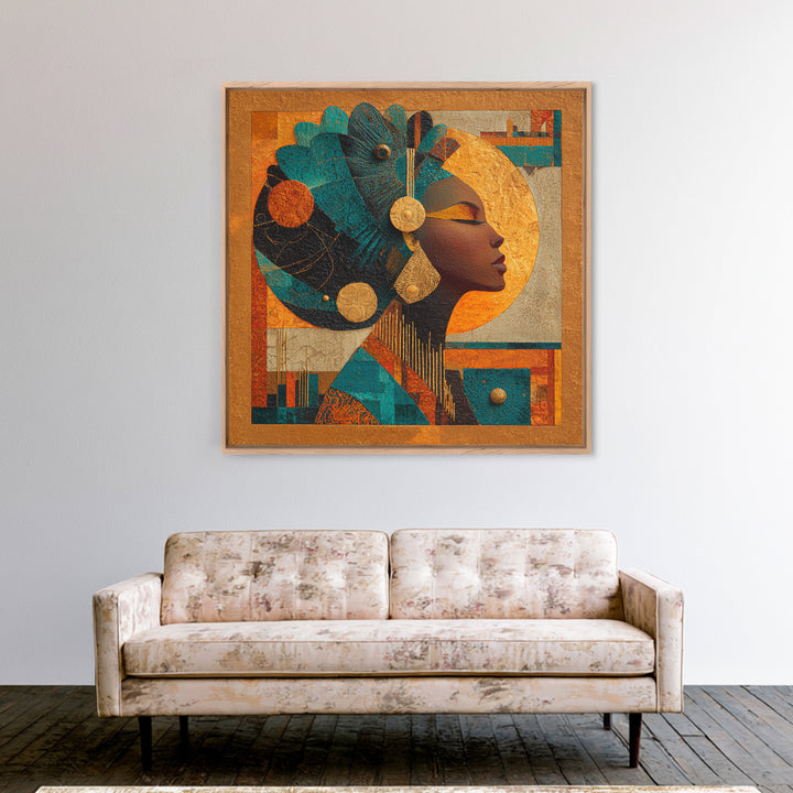 Contemporary Afro Futurist Woman Framed Canvas Print, African Inspired Art, Living Room Art, Living Room Decor, Oil Painting, AIA-1x1-74