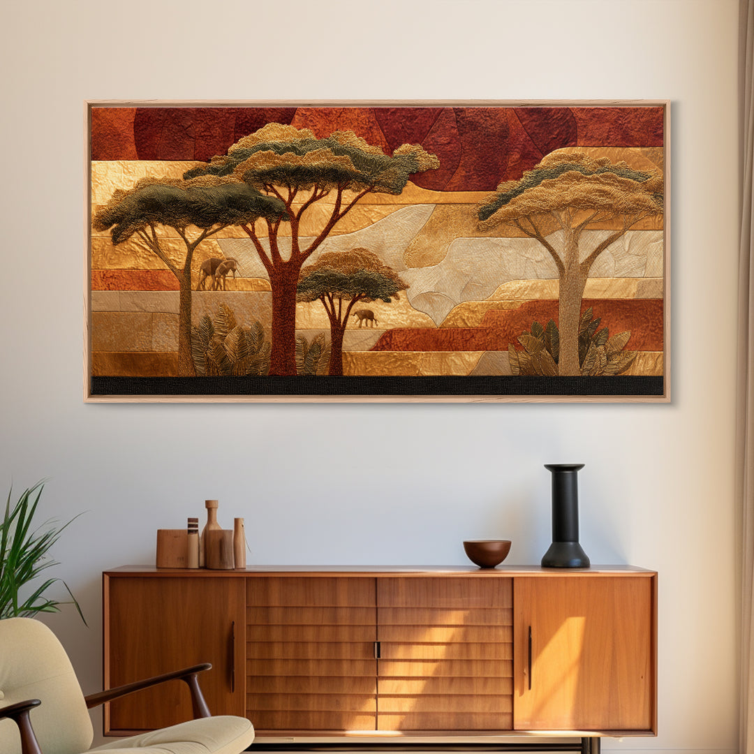 Safari Landscape with Acacia Trees and Golden Canvas Print, African Inspired Art, African American Art, Living Room Decor, AIA-2x1-100