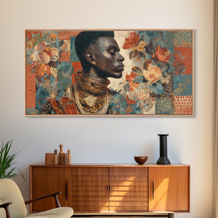 Expressive Portrait with Ornate Floral Background and Canvas Print, African Inspired Art, Abstract Art, Living Room Decor, AIA-2x1-49
