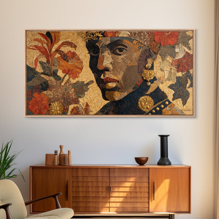 Expressive Portrait with Ornate Floral Background and Canvas Print, African Inspired Art, Abstract Art, Living Room Decor, AIA-2x1-73