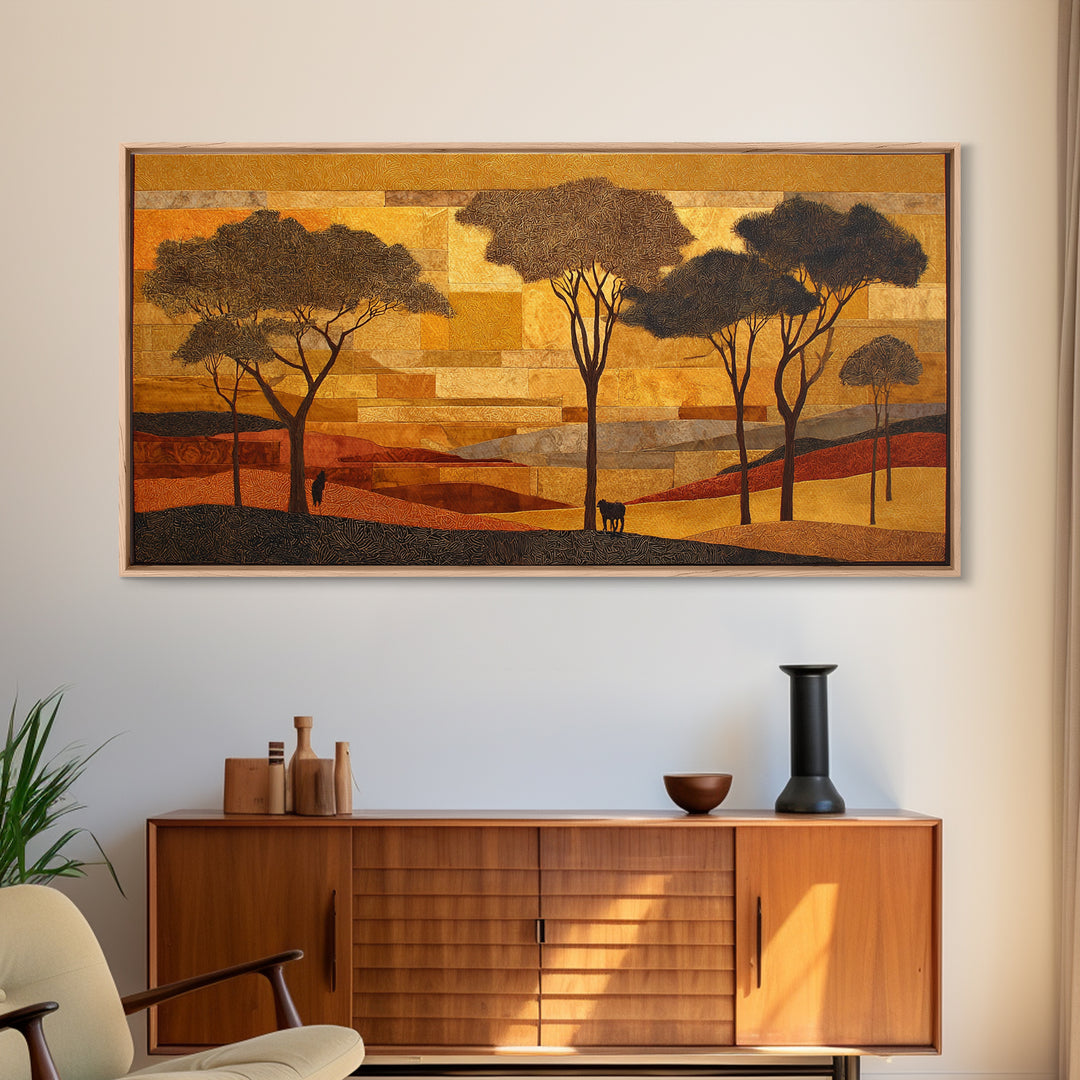 Safari Landscape with Acacia Trees and Golden Canvas Print, African Inspired Art, Bedroom Wall Decor, Living Room Decor, AIA-2x1-76