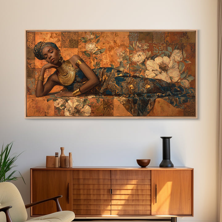 Expressive Portrait with Ornate Floral Background and Canvas Print, African Inspired Art, Modern Wall Art, Living Room Decor, AIA-2x1-97