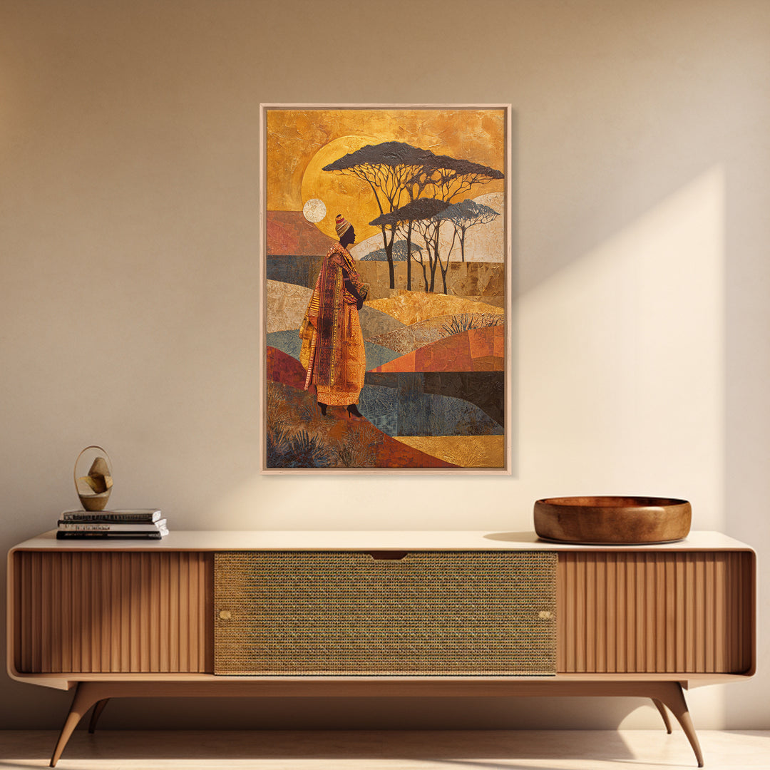 Safari Landscape with Acacia Trees and Golden Canvas Print, African Inspired Art, Botanical Wall Art, Living Room Decor, AIA-2x3-16