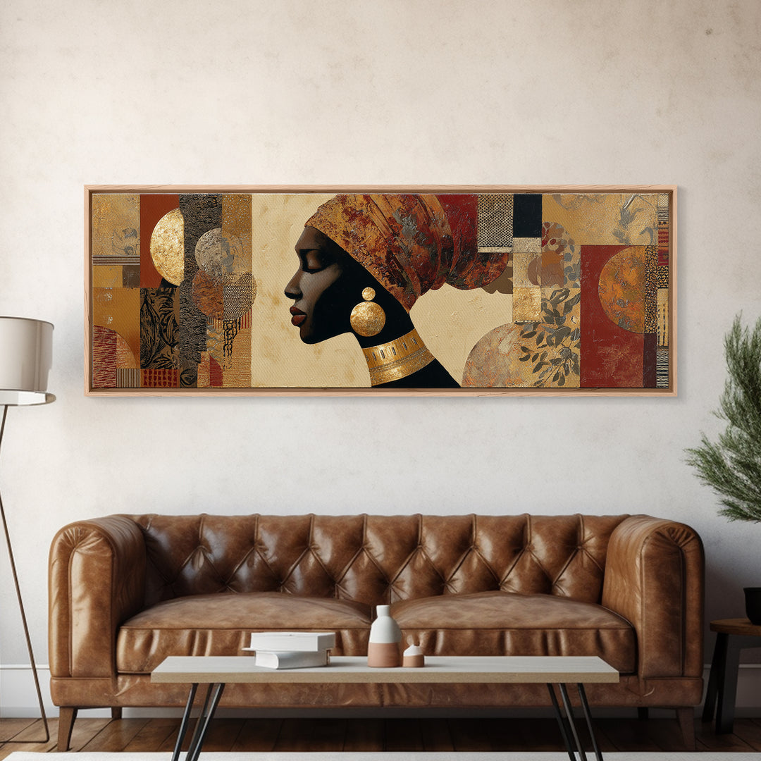 Regal African Queen Portrait Framed Canvas Print, African Inspired Art, Digital Art Prints, Living Room Decor, Oil Painting, AIA-3x1-17