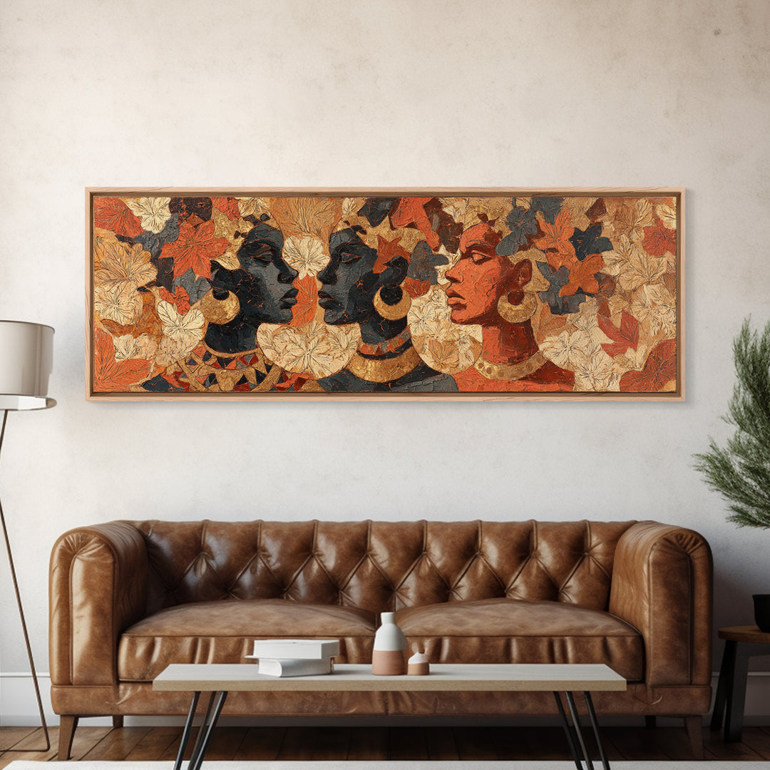 Expressive Portrait with Ornate Floral Background and Canvas Print, African Inspired Art, African Art, Living Room Decor, AIA-3x1-69
