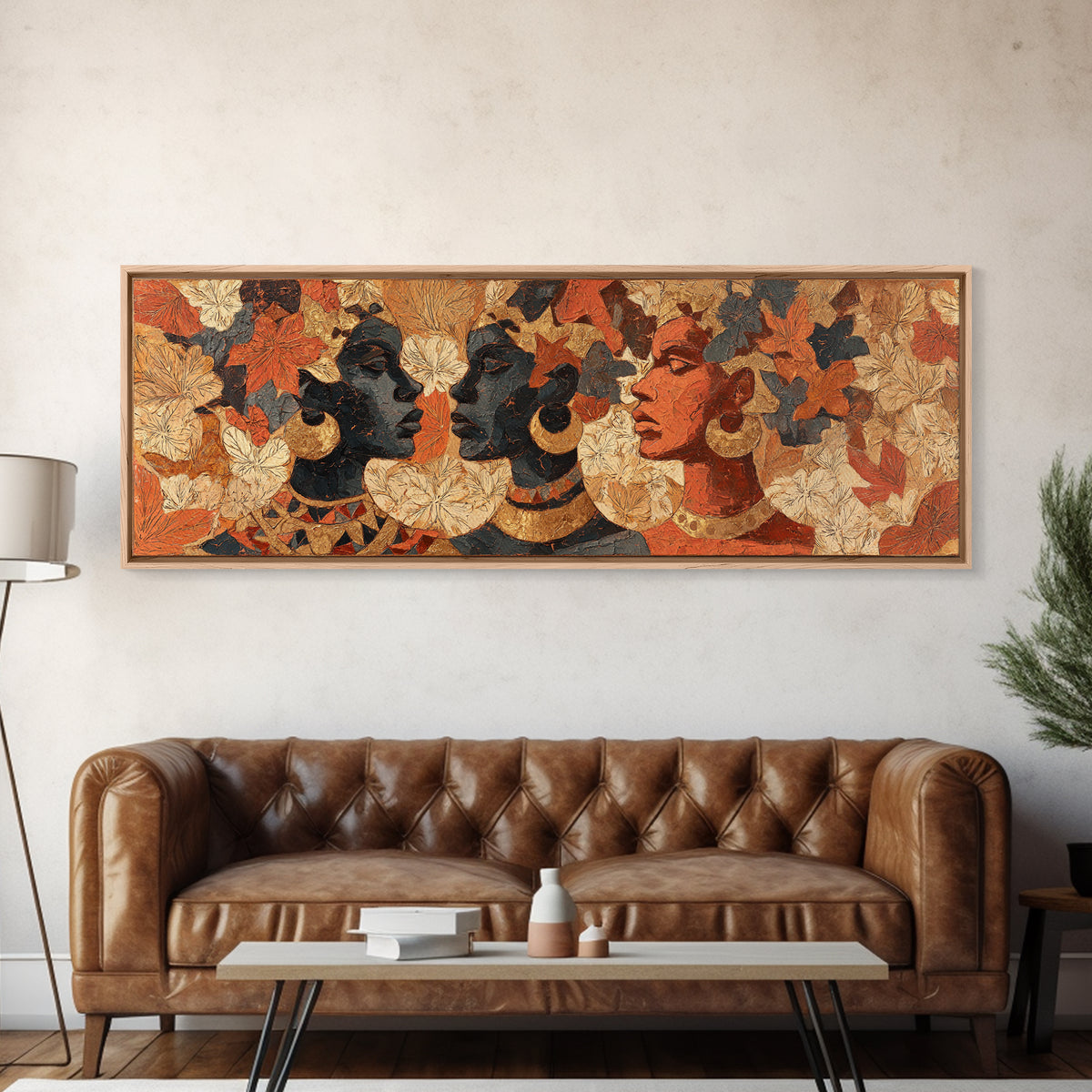 Expressive Portrait with Ornate Floral Background and Canvas Print, African Inspired Art, African Art, Living Room Decor, AIA-3x1-69