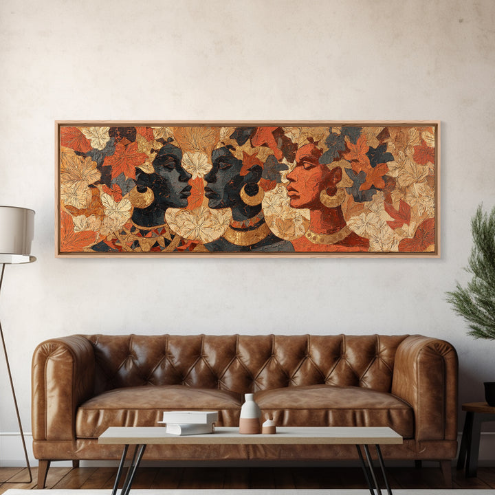 Expressive Portrait with Ornate Floral Background and Canvas Print, African Inspired Art, African Art, Living Room Decor, AIA-3x1-69