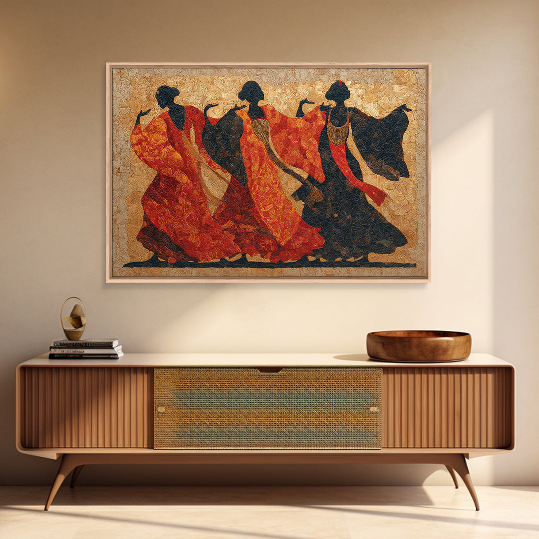 Ceremonial Dancers in Motion with Crimson and Canvas Print, African Inspired Art, Living Room Wall Art, Living Room Decor, AIA-3x2-70