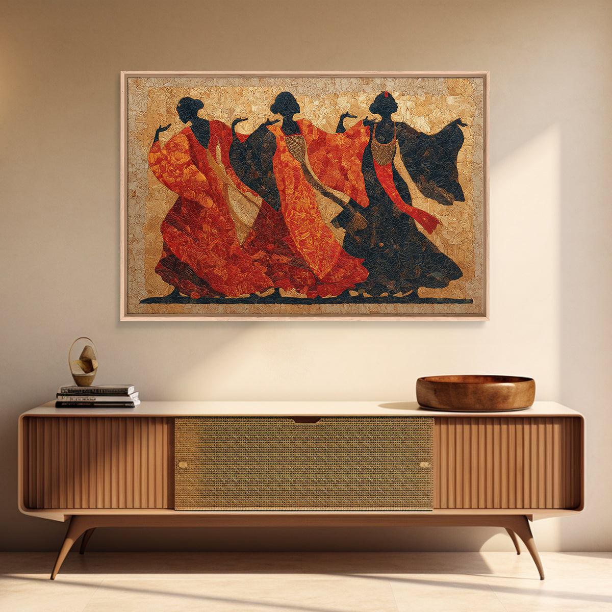 Ceremonial Dancers in Motion with Crimson and Canvas Print, African Inspired Art, Living Room Wall Art, Living Room Decor, AIA-3x2-70