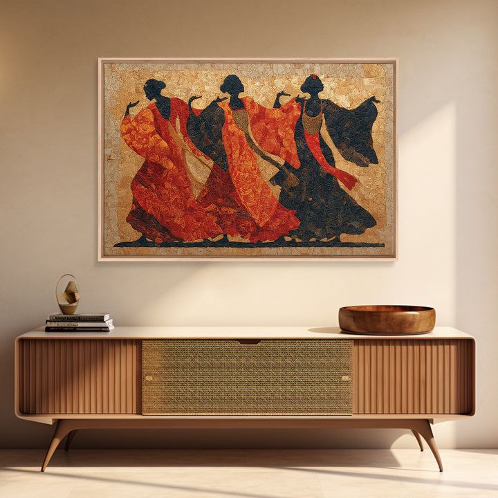 Ceremonial Dancers in Motion with Crimson and Canvas Print, African Inspired Art, Living Room Wall Art, Living Room Decor, AIA-3x2-70