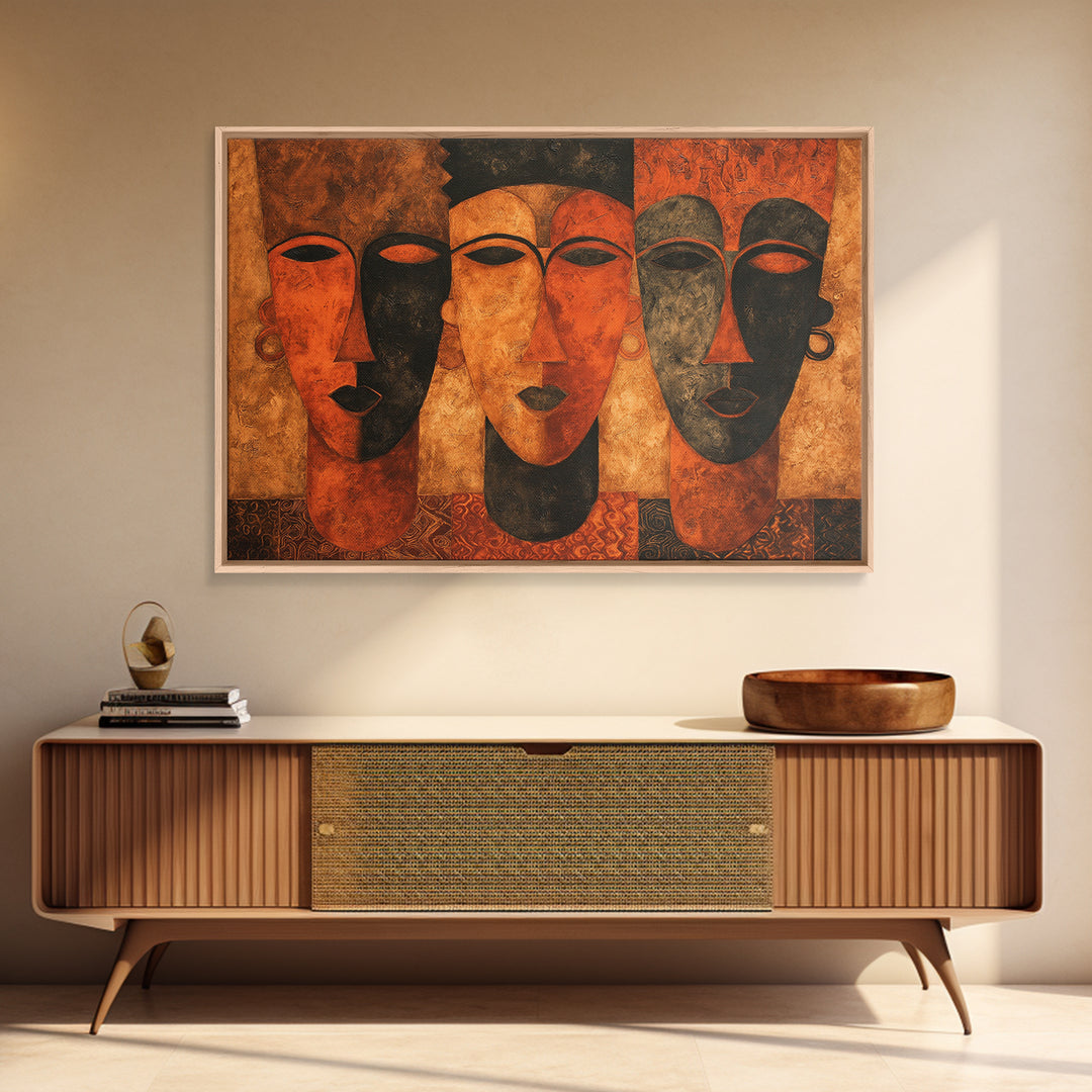Minimalist African Line Art Faces on Parchment Canvas Print, African Inspired Art, Removable Wallpaper, Living Room Decor, AIA-3x2-86