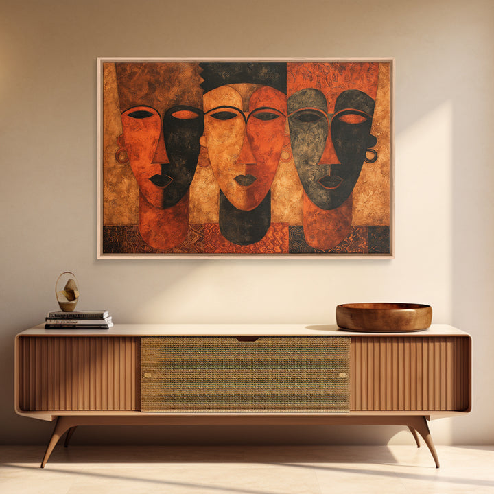Minimalist African Line Art Faces on Parchment Canvas Print, African Inspired Art, Removable Wallpaper, Living Room Decor, AIA-3x2-86