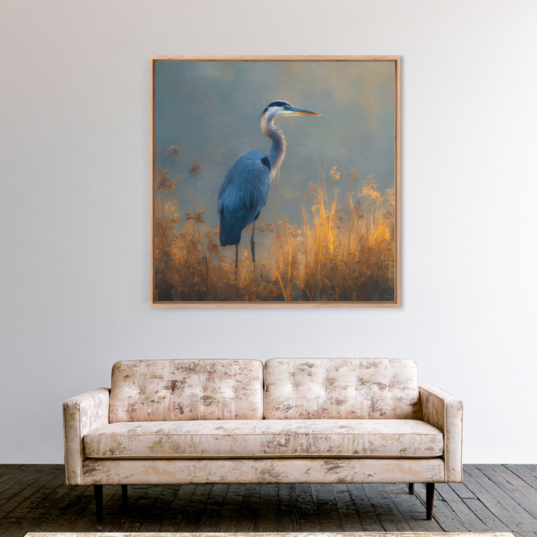 Blue Heron Standing Framed Canvas Print, Animal Art, Digital Wall Art, Living Room Decor, Fine Art, Creature, Modern Wall Art, ANI-1x1-11
