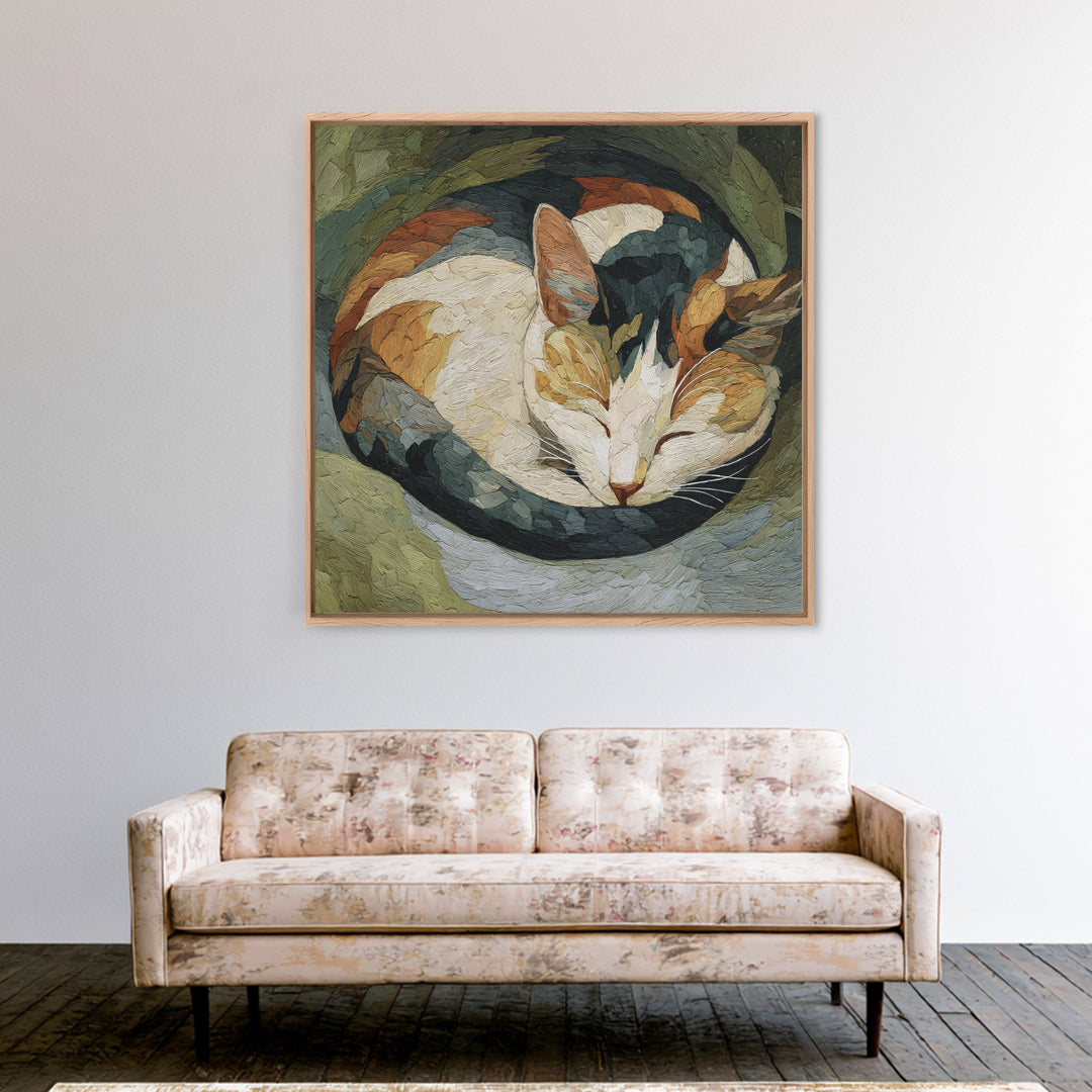 Sleeping Cat Curled Framed Canvas Print, Animal Art, Wall Decor, Living Room Decor, Fine Art, Creature, Nursery Wall Art, ANI-1x1-12