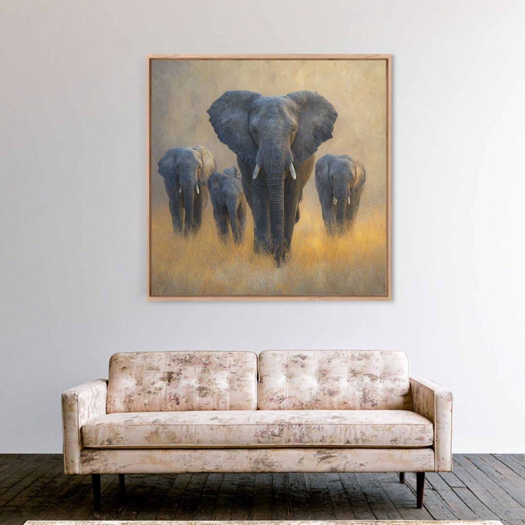 Elephant Family Walking Through Dusty Golden Light Canvas Print, Animal Art, Living Room Decor, Creature, Fine Art Print, ANI-1x1-14