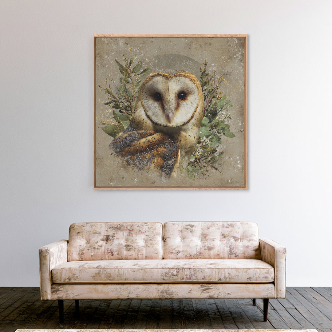 Owl with Moonlit Feathers and Celestial Accents Canvas Print, Animal Art, Nursery Decor, Living Room Decor, Oil Painting, ANI-1x1-15