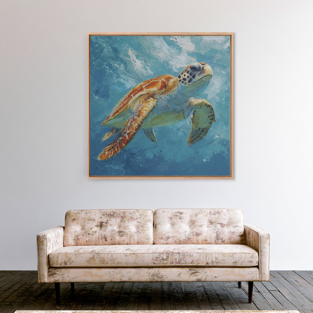 Sea Turtle Drifting Through Luminous Blue Water Canvas Print, Animal Art, Digital Print, Living Room Decor, Fine Art, Creature, ANI-1x1-18