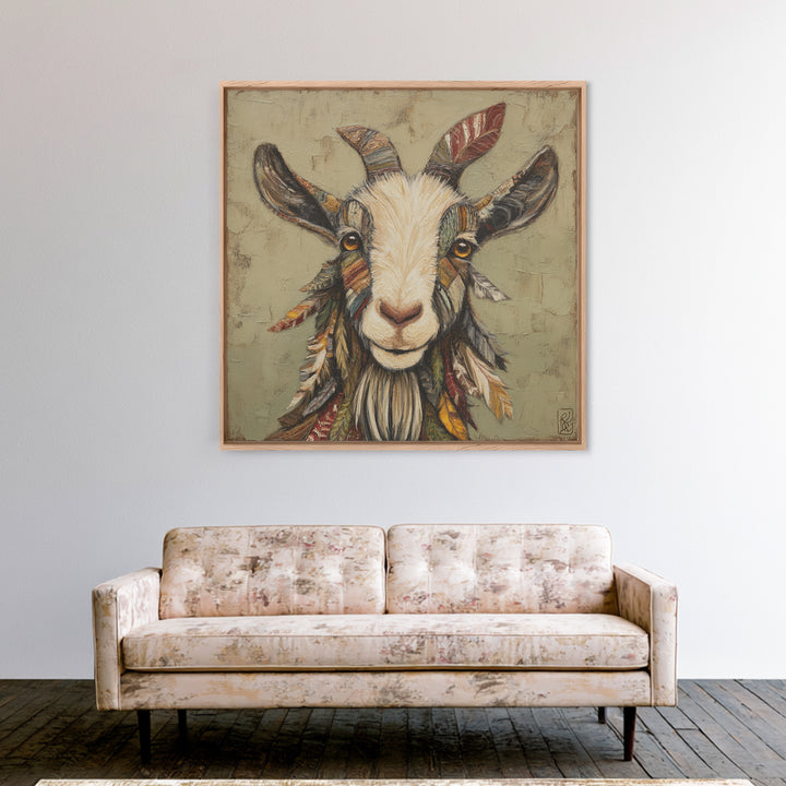 Goat Portrait with Rustic Folk Art Personality Framed Canvas Print, Animal Art, Cat Art, Living Room Decor, Fine Art, Creature, ANI-1x1-21