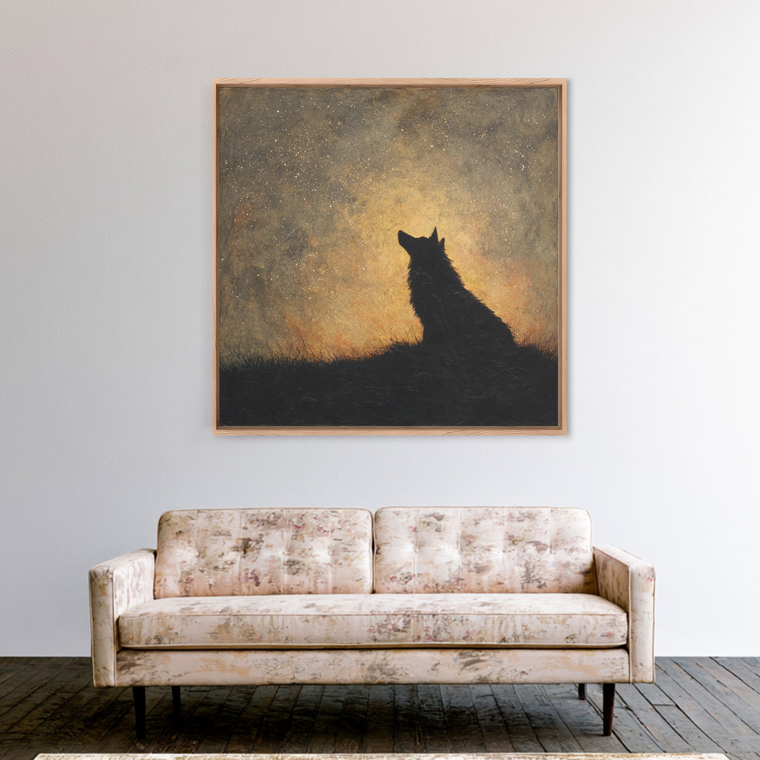Wolf Silhouette Beneath a Star Filled Sky Canvas Print, Animal Art, Printable Art, Living Room Decor, Oil Painting, Creature, ANI-1x1-22