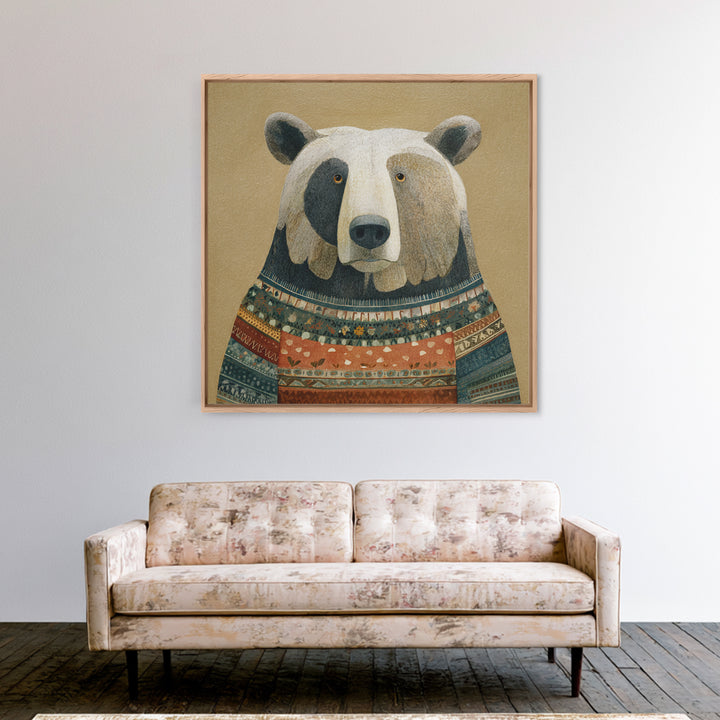 Whimsical Bear in a Patterned Sweater with Canvas Print, Animal Art, Modern Wall Art, Living Room Decor, Fine Art, Creature, ANI-1x1-26