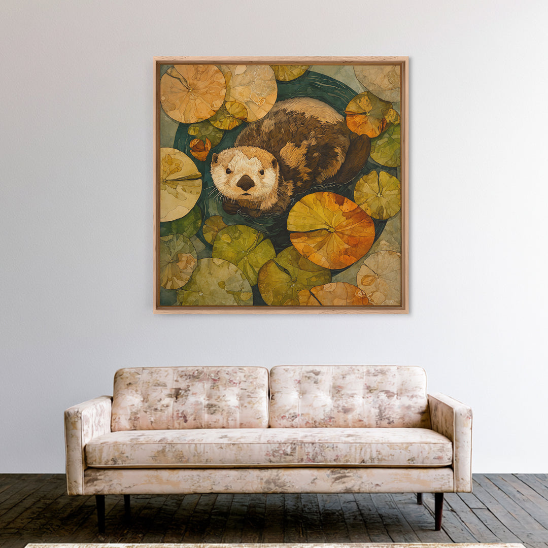 Playful Otter Floating Among Lily Pads Framed Canvas Print, Animal Art, Gallery Decor, Living Room Decor, Fine Art, Creature, ANI-1x1-32