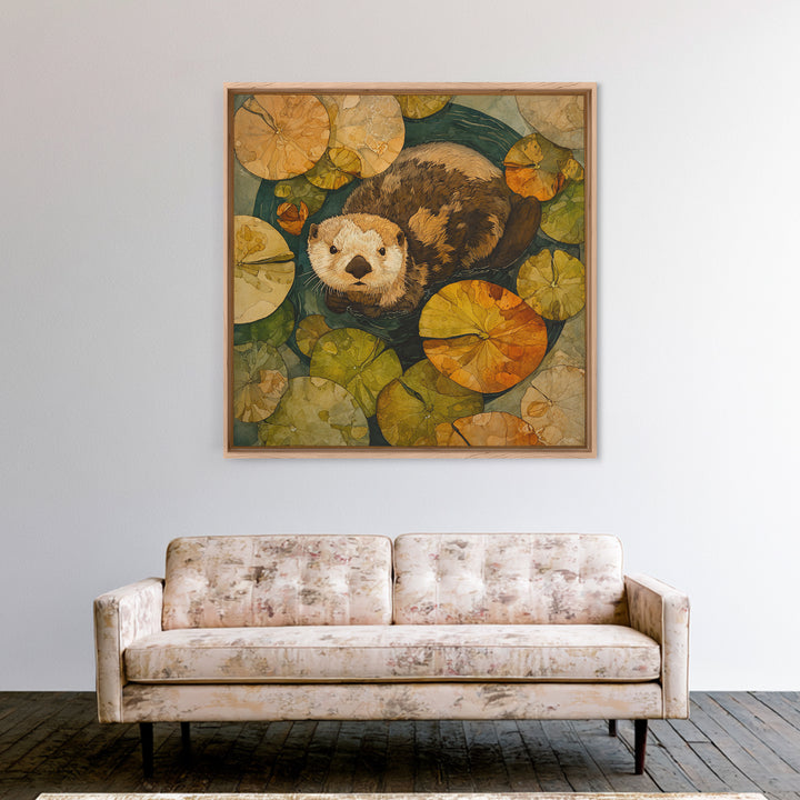 Playful Otter Floating Among Lily Pads Framed Canvas Print, Animal Art, Gallery Decor, Living Room Decor, Fine Art, Creature, ANI-1x1-32