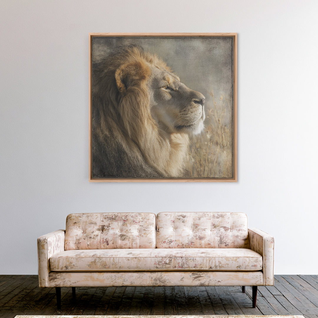 Regal Lion Profile Framed Canvas Print, Animal Art, Statement Artwork, Living Room Decor, Abstract Art, Creature, Wall Decor, ANI-1x1-33