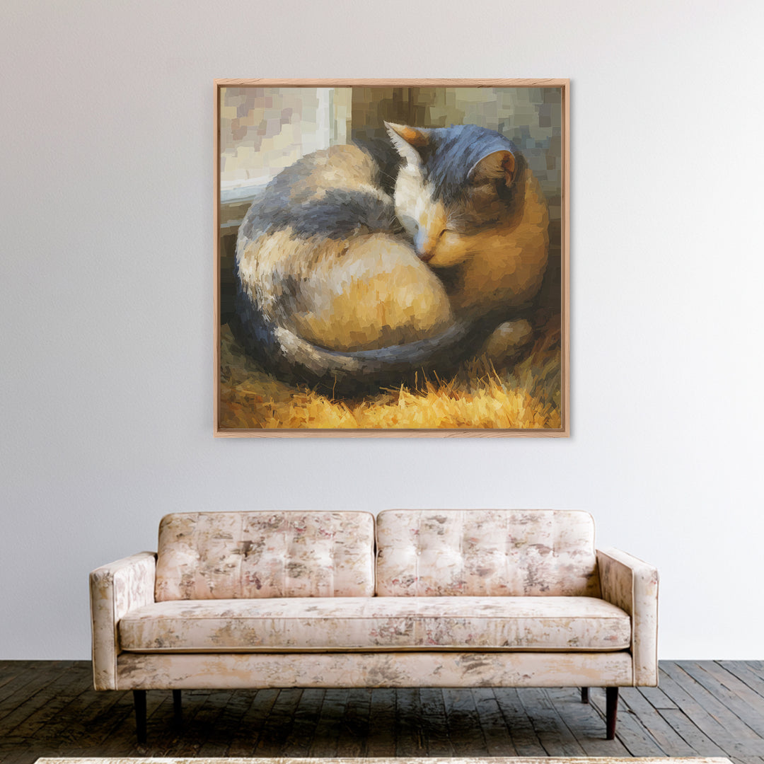 Sleeping Cat Curled Canvas Print, Animal Art, Printable Wall Art, Living Room Decor, Watercolor Art, Creature, Boho Wall Art, ANI-1x1-36