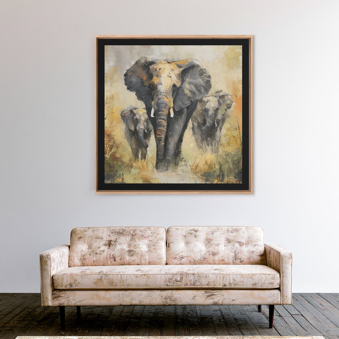 Elephant Family Walking Through Dusty Golden Light Canvas Print, Animal Art, Safari Nursery Decor, Living Room Decor, Creature, ANI-1x1-38