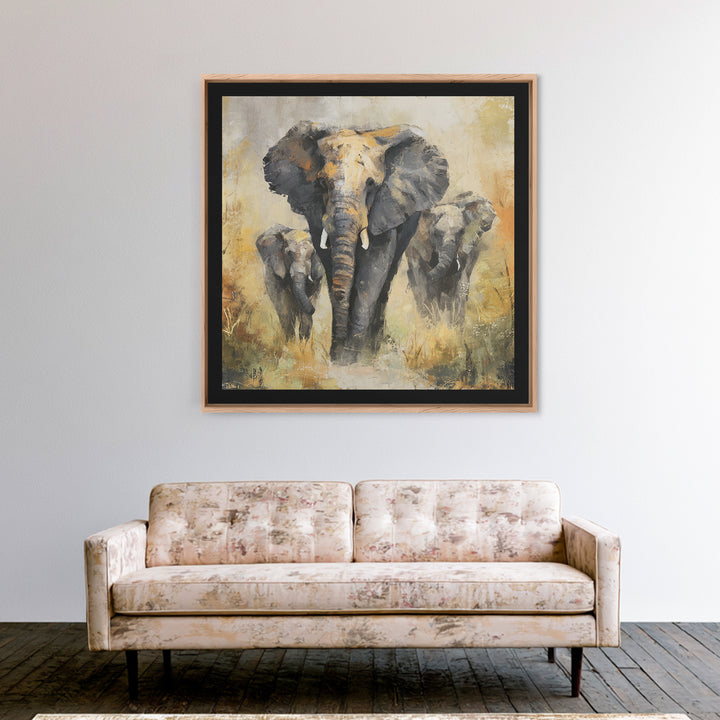 Elephant Family Walking Through Dusty Golden Light Canvas Print, Animal Art, Safari Nursery Decor, Living Room Decor, Creature, ANI-1x1-38